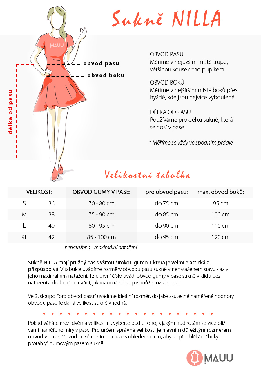 Velikostní tabulka sukně NILLA